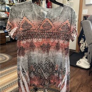 Tribal Print Short Sleeve Top - Gray and Orange